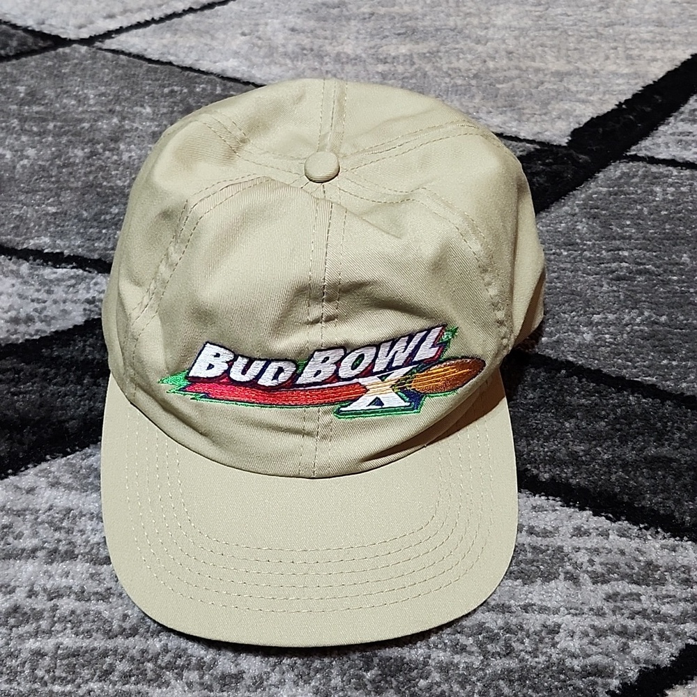 1996 BUD BOWL X EMBROIDERED FOOTBALL TAN SNAP-BACK CAP HAT